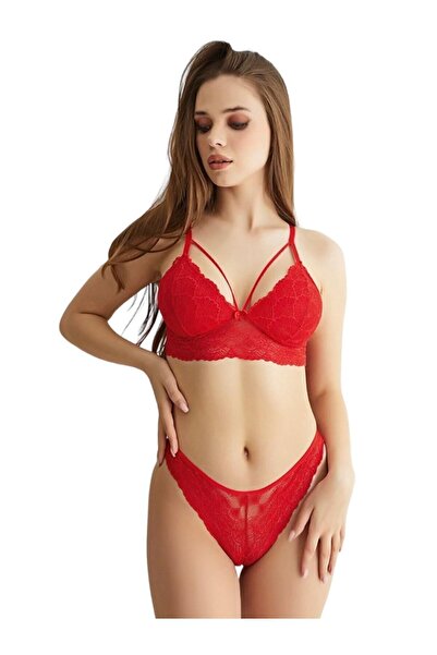 MAİZEN Kırmızı Dantel Toparlayıcı Dolgusuz Bralet Sütyen Takım