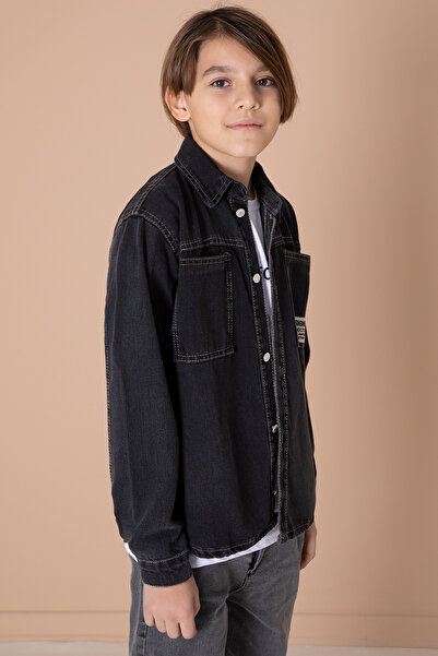 Cansın Mini Cămașă de blugi cu gât afumat pentru băiat - Tricou cu buzunar emblemat și tricou 20098