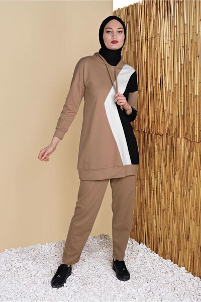 TRENDTESETTÜR Γυναικείο καφέ (CAMEL) Τρίχρωμο Παντελόνι Φούτερ 3555