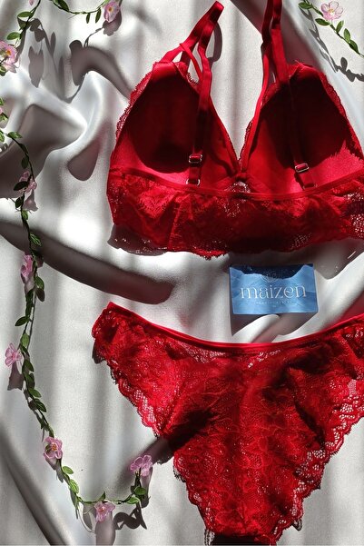 MAİZEN Kırmızı Dantel Toparlayıcı Dolgusuz Bralet Sütyen Takım
