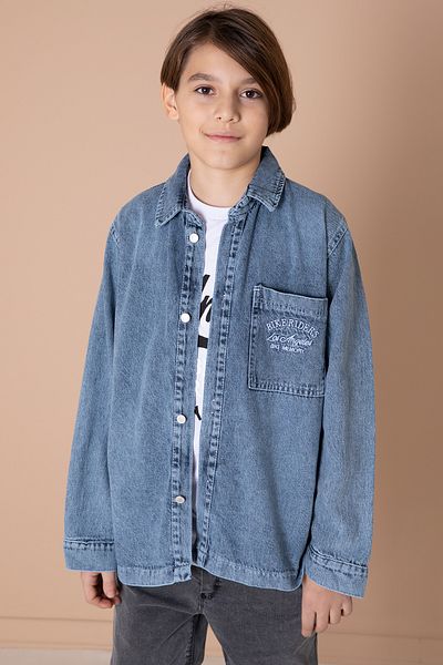 Cansın Mini Set 2 piese pentru băiat cu cămașă și tricou din denim brodat cu text albastru 20033