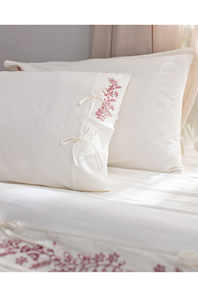 Madame Coco Relief King Size %100 Pamuk Bağlamalı Nevresim Takımı - Ekru/Kırmızı