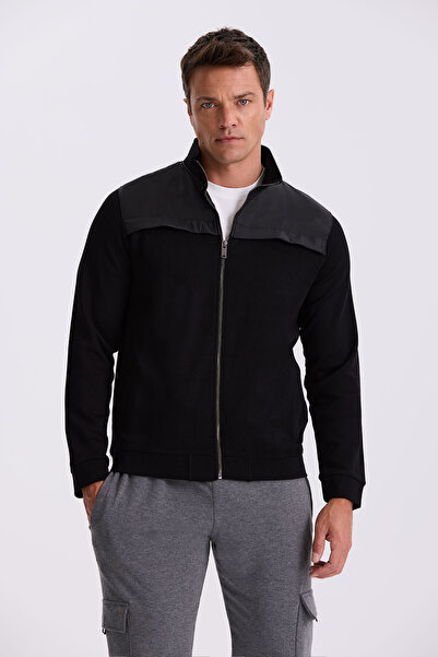 Jakamen Black Slim Fit Zippered Cotton Lycra Tracksuit Top