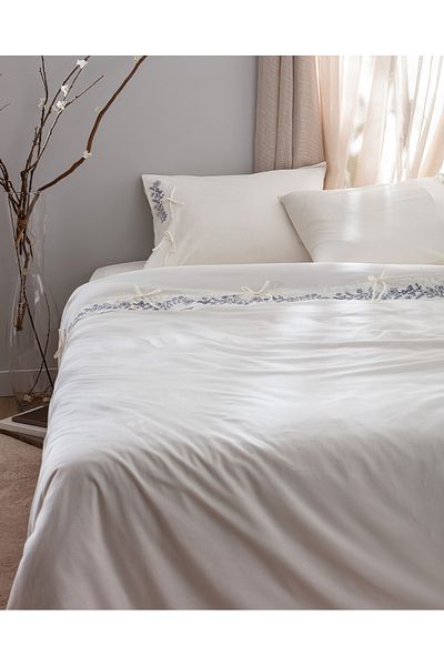 Madame Coco Relief Double 100% Cotton Tied Duvet Cover Set - Ecru/Navy
