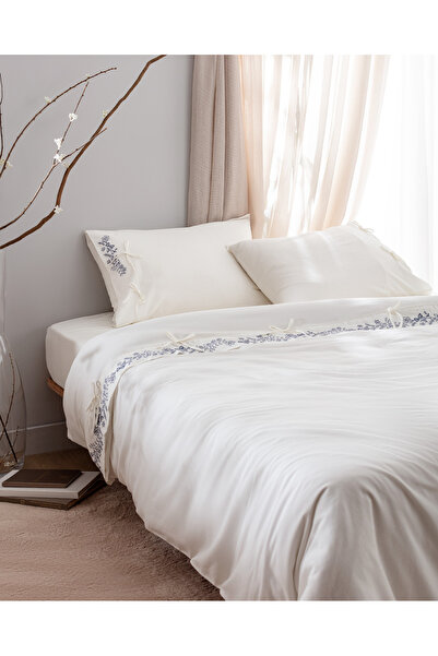 Madame Coco Relief King Size %100 Pamuk Bağlamalı Nevresim Takımı - Ekru/Lacivert