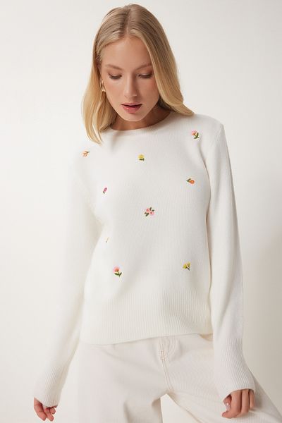 Happiness İstanbul Women's Soft Knitwear Sweater - Bone Flower Embroidery, Lu00023