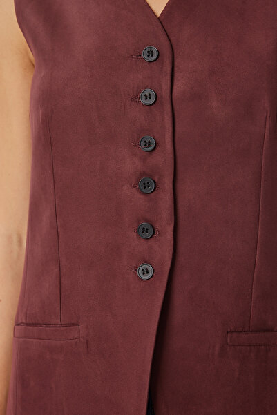 Happiness İstanbul Women's Burgundy V Neck Nubuck Vest Fn03387