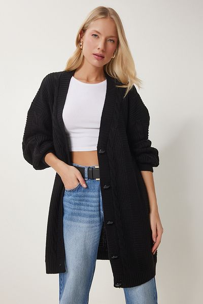 Happiness İstanbul Schwarzer Oversize-Strickcardigan mit Ballonärmeln für Damen DD01033