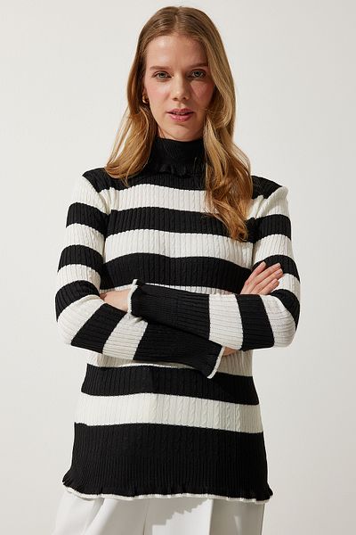 Happiness İstanbul Women's Black Ecru Turtleneck Frilly Striped Knitwear Sweater DD01269