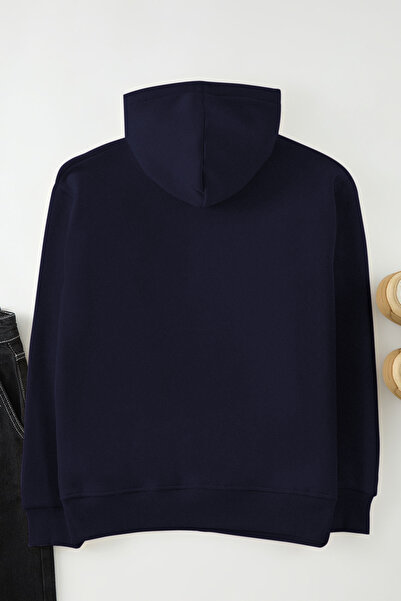 Trendyol Collection Sötétkék uniszex túlméretes mackó nyomott kapucnis pulóver - polár/meleg TMNAW25SW00210