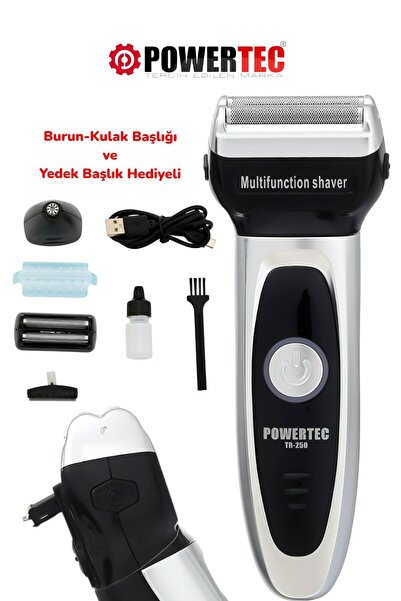 POWERTEC TR-250 Günlük Sakal Ve Burun-Kulak Tıraş Makinesi Yedek Başlık Hediyeli - METALİK GRİ-Yeni Versiyon