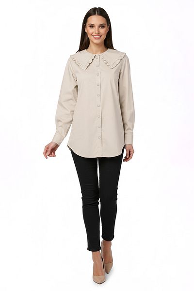 Trendyol Modest Bézs baba galléros pamut szőtt ing TCTSS24TG00027