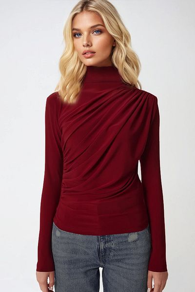 Trend Alaçatı Stili Dámská vínová stojáčková halenka s límcem na rameni Sandy Crop Alc-X9554