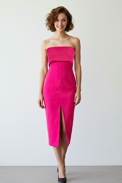 Trendyol Collection Φούξια Στράπλες Κομψό Μίντι Βραδινό Φόρεμα Νυχτερινής Αποφοίτησης TPRSS25EL00041
