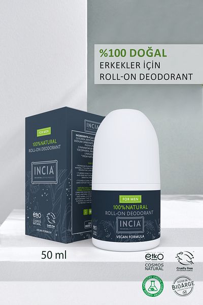 Incia 100 % natürliches Roll-on-Deodorant für Männer – Anti-Schweißgeruch, kein Verschmieren, 50 ml