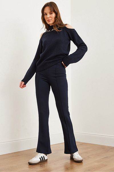 Olalook Marineblaue, flexible Damenhose mit einem Knopf und Nähten an der Vorderseite PNT- 19000310