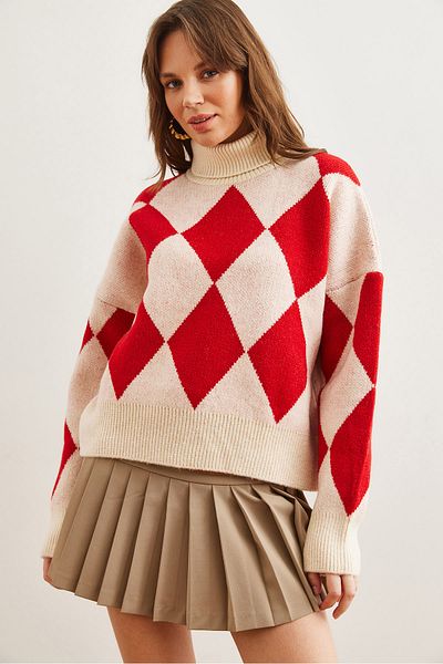 Olalook Women's Red Turtleneck Diamond Pattern Oversize Knitwear Sweater Kzk- 19000941