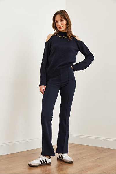 Olalook Kadın Lacivert Tek Düğmeli Önü Dikişli Esnek Pantolon PNT-19000310