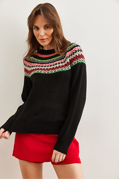 Olalook Women's Black Collar Patterned Soft Textured Knitwear Sweater Kzk- 19000846