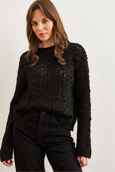Olalook Pulover de damă negru ajurat cu pompon cu textura moale KZK- 19000935