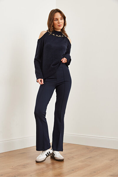 Olalook Kadın Lacivert Tek Düğmeli Önü Dikişli Esnek Pantolon PNT-19000310