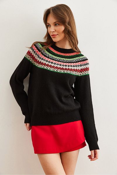 Olalook Pulover de damă cu guler negru cu model de tricotaje cu textura moale KZK- 19000846