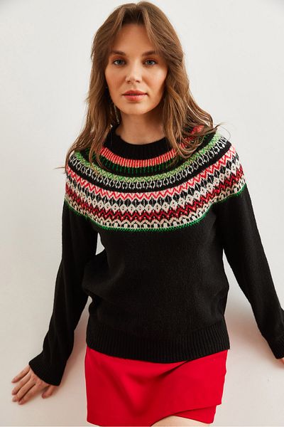Olalook Pulover de damă cu guler negru cu model de tricotaje cu textura moale KZK- 19000846