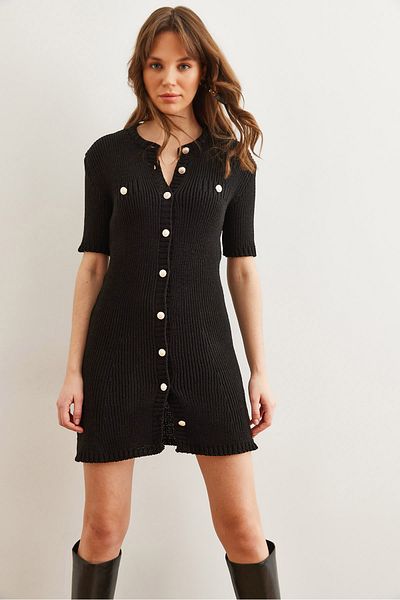 Olalook Dámské černé mini úpletové šaty s knoflíky Elb- 19002329