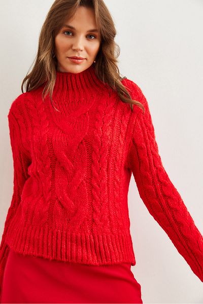 Olalook Women's Red Stand Collar Braided Knitwear Sweater Kzk- 19000934
