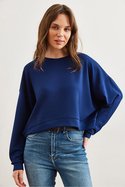 Olalook Premium Navy Blue Oversize Modal με κουμπιά γυναικεία φούτερ - SWT- 19000713