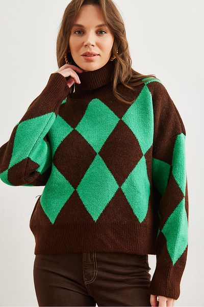 Olalook Women's Green Turtleneck Diamond Pattern Oversize Knitwear Sweater Kzk- 19000941