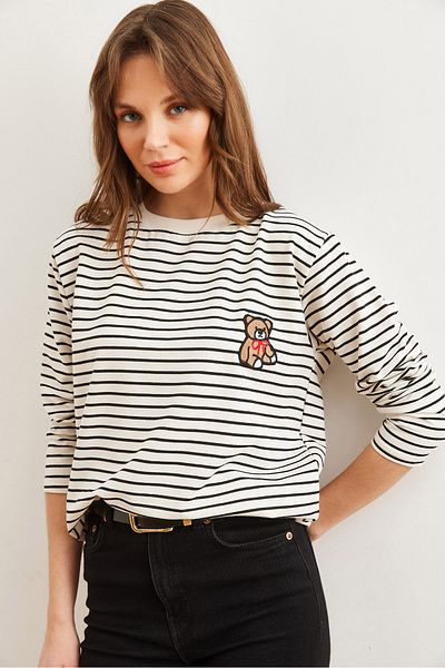Olalook Tricou cu mânecă lungă cu dungi negre pentru femei TSH- 19000828