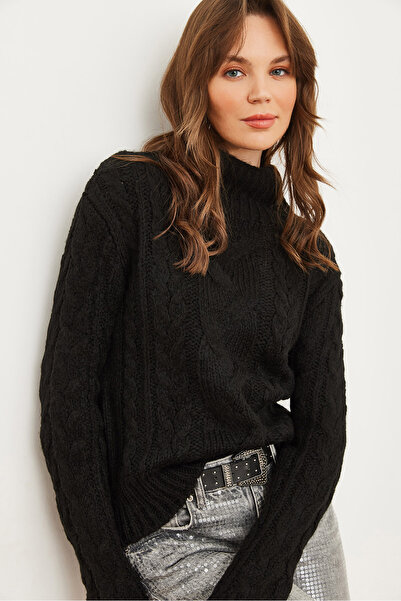 Olalook Women's Black Stand Collar Braided Knitwear Sweater Kzk- 19000934