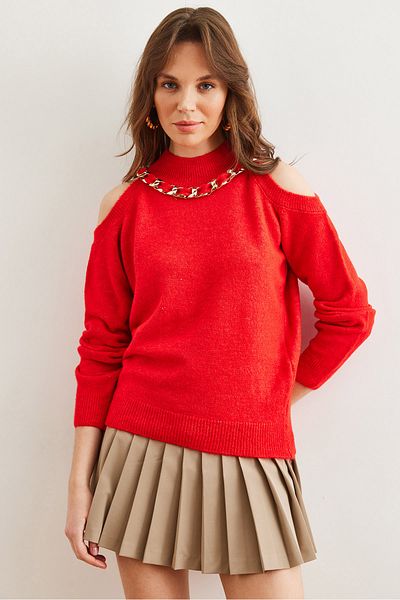 Olalook Women's Red Thick Chain Detail Soft Textured Knitwear Sweater Kzk- 19000877