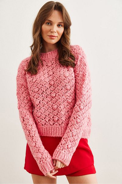 Olalook Pulover de damă roz ajurat cu pompon cu textura moale KZK- 19000935