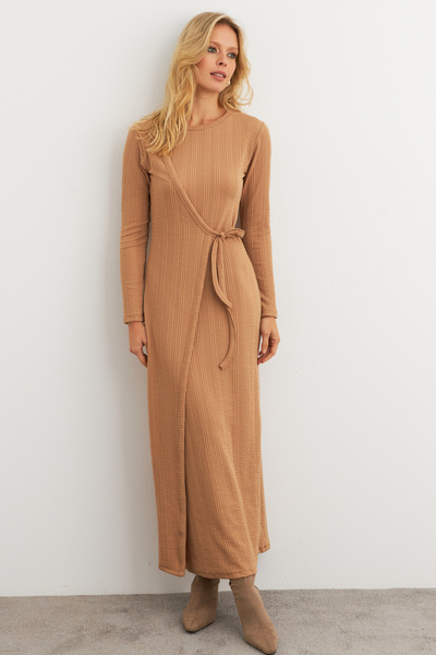 Cool & Modest Camel Double Breasted Maxi Women's Dress - Mtf31