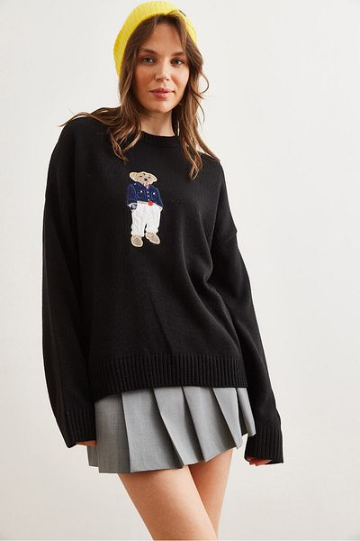 Olalook Pulover de damă cu ursuleț de pluș negru aplicat cu gât crew KZK- 19000940