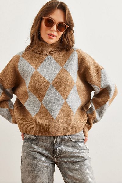 Olalook Women's Camel Turtleneck Diamond Pattern Oversize Knitwear Sweater Kzk- 19000941