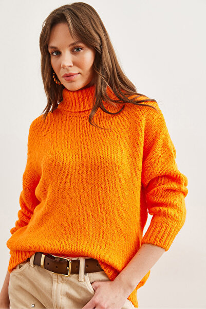 Olalook Pulover de damă portocaliu cu gât țesut cu textura moale tricotaje groase KZK- 19000936