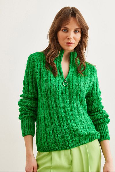 Olalook Women's Green Zippered Hair Braided Soft Textured Knitwear Sweater Kzk- 19000937