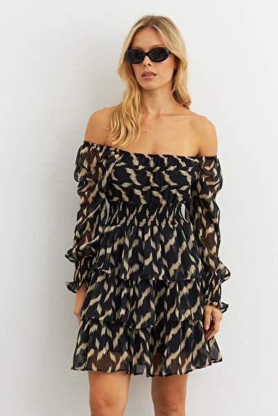 Cool & Sexy Dámské minišaty Ecru-Black Flounces šifon Ksd2831