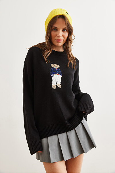 Olalook Pulover de damă cu ursuleț de pluș negru aplicat cu guler rotund KZK- 19000940