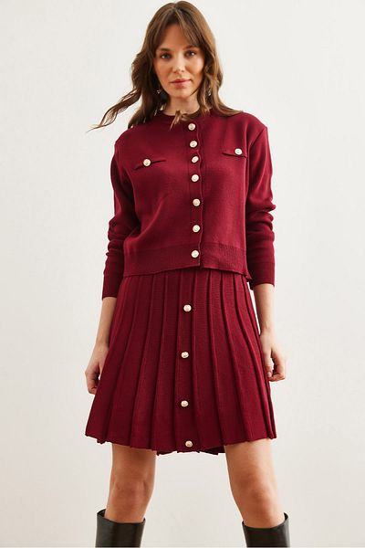 Olalook Women's Burgundy Button Detailed Top Cardigan Bottom Pleated Skirt Knitwear Set Tkm- 19000332