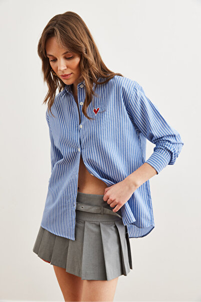 Olalook Női sötétkék szívvel hímzett csíkos barát ing GML- 19001267