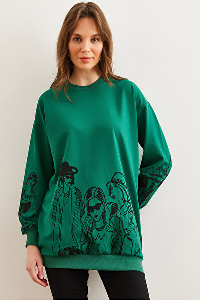 Olalook Kadın Çimen Yeşili Figürlü Oversize Sweatshirt SWT-19000452