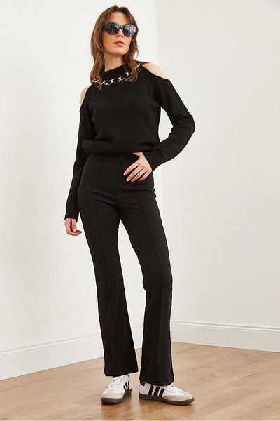 Olalook Schwarze, flexible Damenhose mit einem Knopf und Nähten an der Vorderseite PNT- 19000310