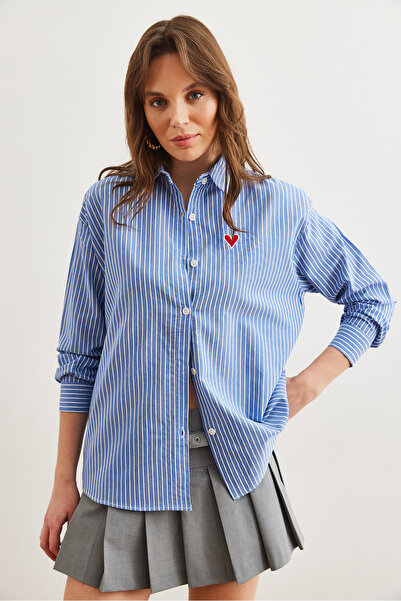 Olalook Női sötétkék szívvel hímzett csíkos barát ing GML- 19001267