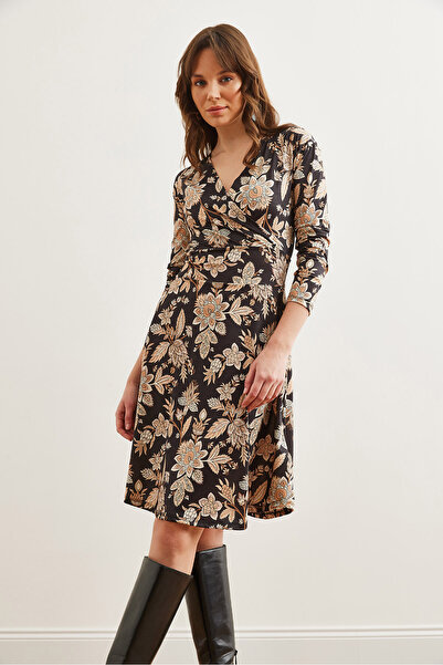 Olalook Rochie tricotată cu piept dublu bej negru pentru femei ELB- 19000962