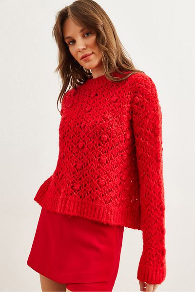 Olalook Women's Red Openwork Pompom Soft Textured Knitwear Sweater Kzk- 19000935