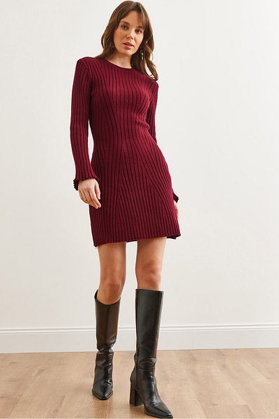 Olalook Burgunderrotes, ausgestelltes, dickes, geripptes Mini-Strickkleid ELB- 19002327